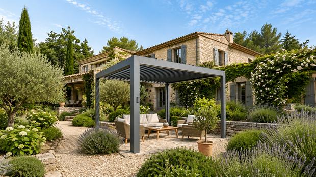 Pergola bioclimatique aluminium dans un jardin provençal