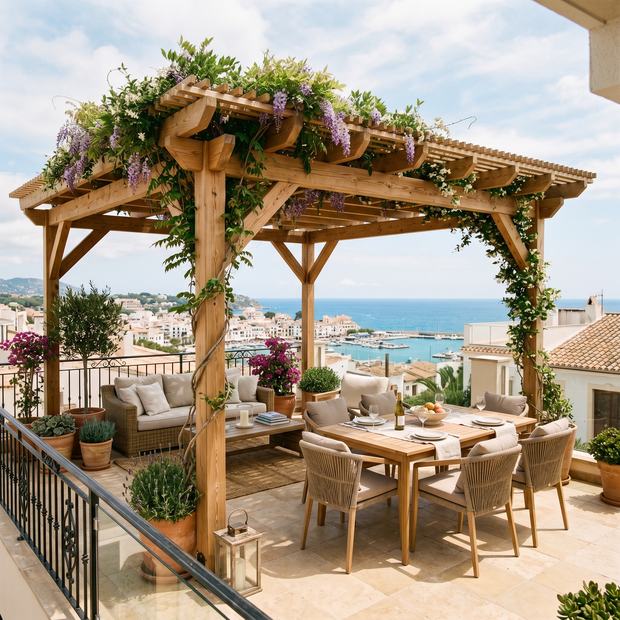 Pergola en bois exotique fleurie avec vue mer