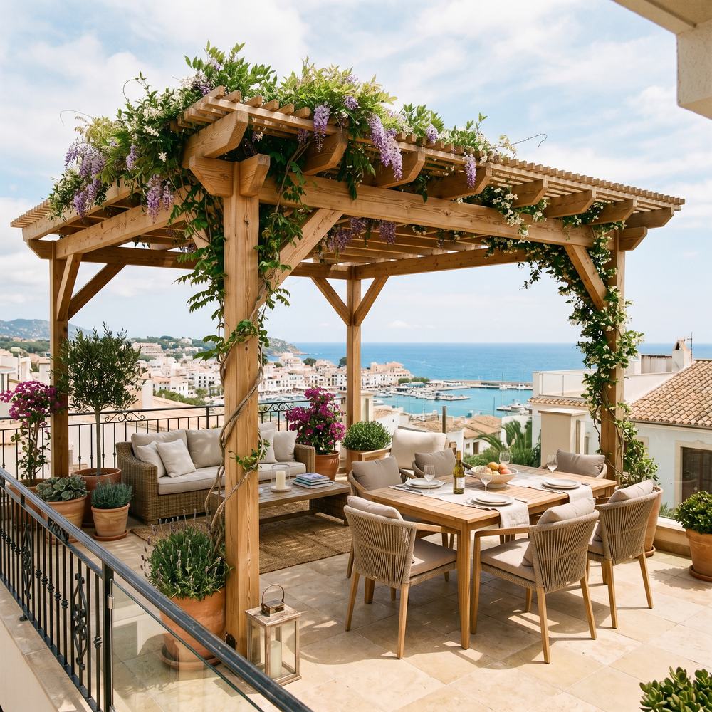 Pergola en bois exotique couverte de glycine avec vue sur la mer