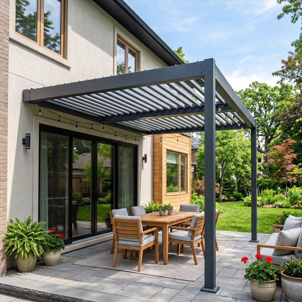 Pergola aluminium adossée avec toit laissant passer la lumière