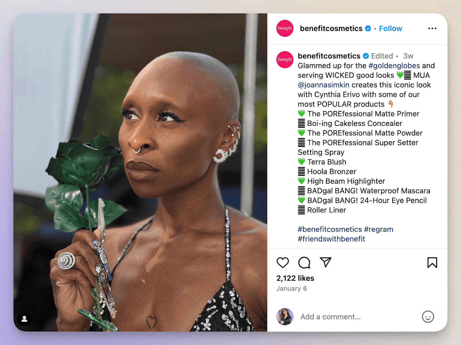 Benefit Cosmetics partnered with Cynthia Erivo for the Golden Globes.