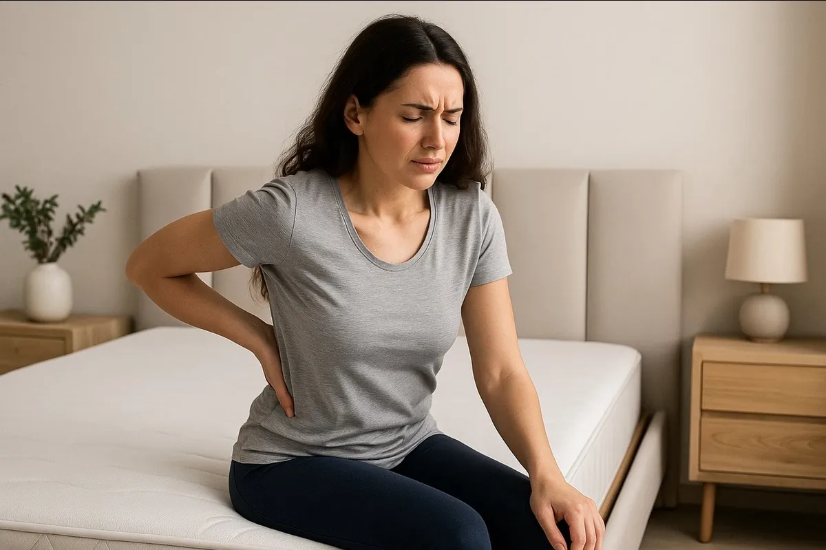 Frau sitzt morgens auf der Bettkante und hält sich den Rücken wegen Rückenschmerzen