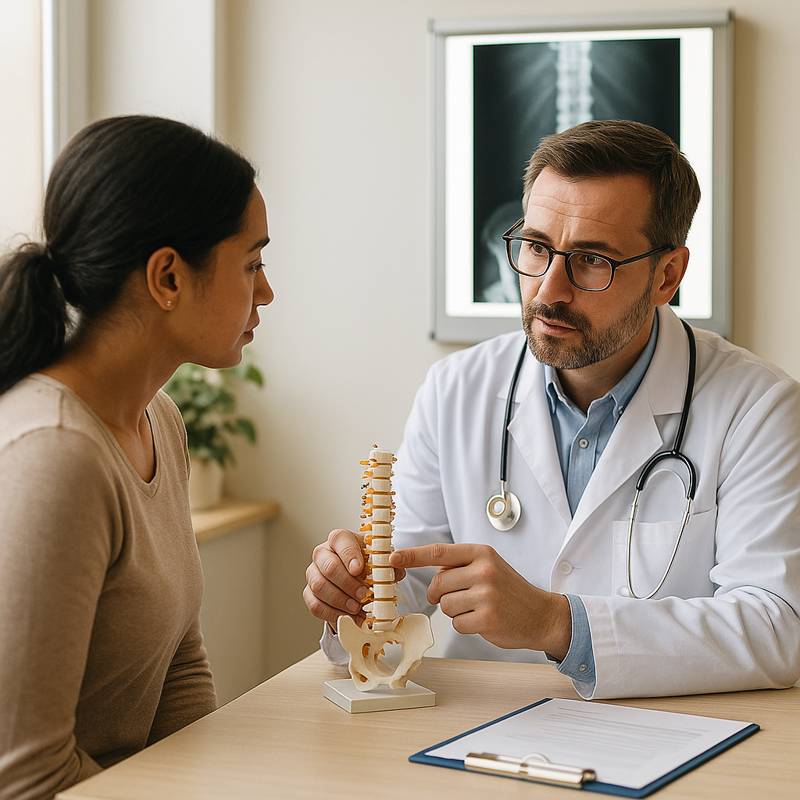 Orthopäde erklärt Patientin anhand eines Wirbelsäulen-Modells die Ursachen von Rückenschmerzen; Röntgenaufnahme im Hintergrund