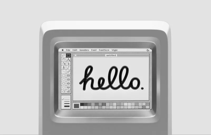A computer monitor with a hello sign on it.