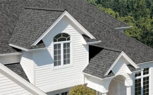 Close up view of white siding and roofing.