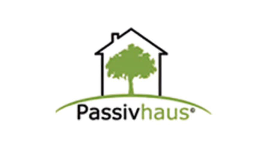 Logo Passivhaus with a green tree inside a house outline and green curved ground line.