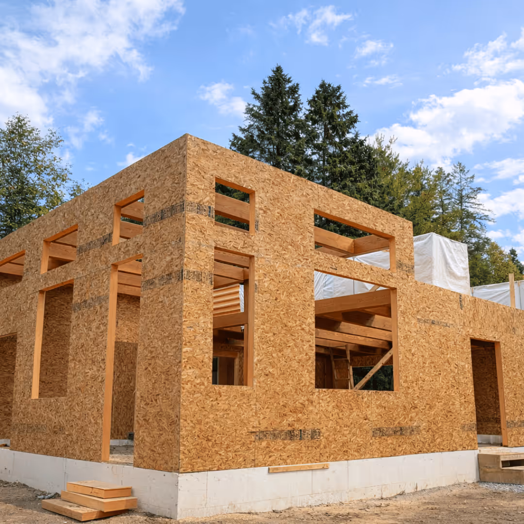 Structure en bois partielle d'une maison en construction sur fond de ciel bleu et arbres verts.