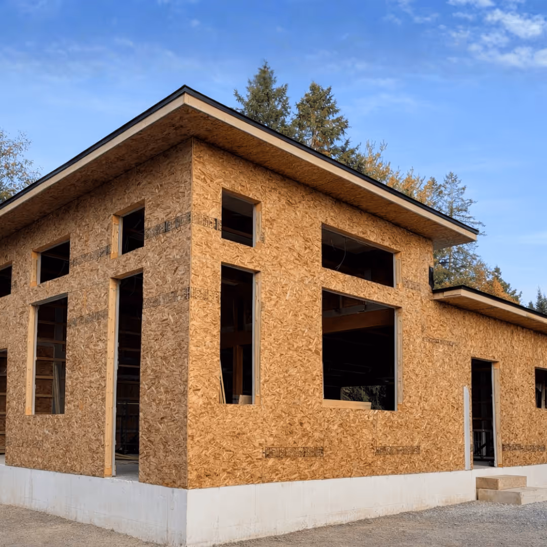 Maison en construction avec murs en panneau d'OSB posés sur une fondation en béton, sous un ciel bleu avec des arbres en arrière-plan.