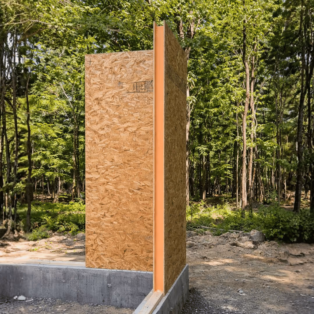 Structure en bois en construction sur une fondation en béton dans un paysage enneigé sous un ciel partiellement nuageux avec montagnes en arrière-plan.