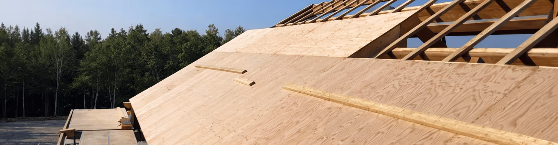Toiture en construction avec panneaux de bois cloués sur la charpente en bois, forêt en arrière-plan sous un ciel bleu.