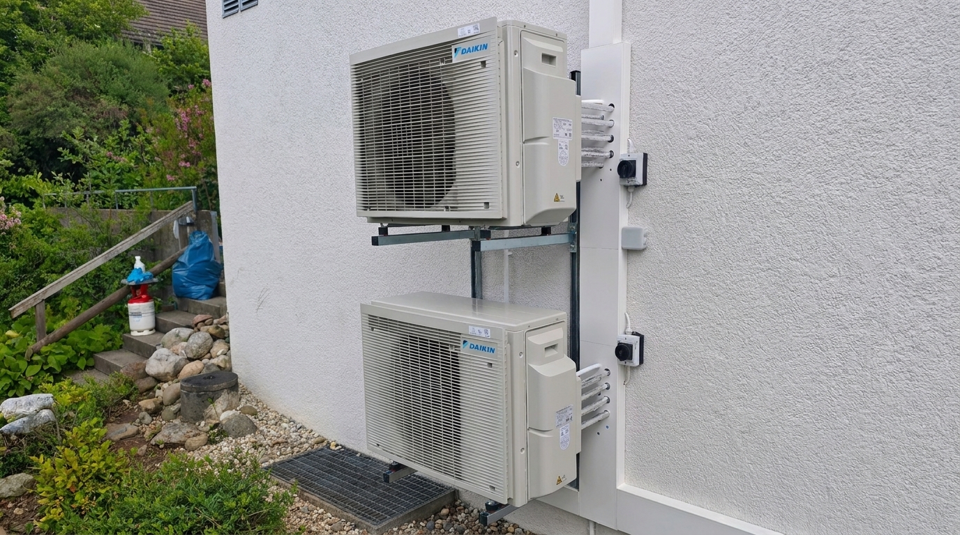 Zwei übereinander montierte Daikin-Aussengeräte auf Wandkonsolen