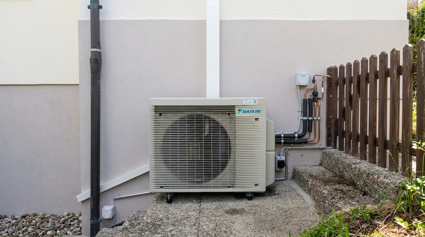 Daikin-Aussengerät in der Ecke zwischen zwei Hauswaenden