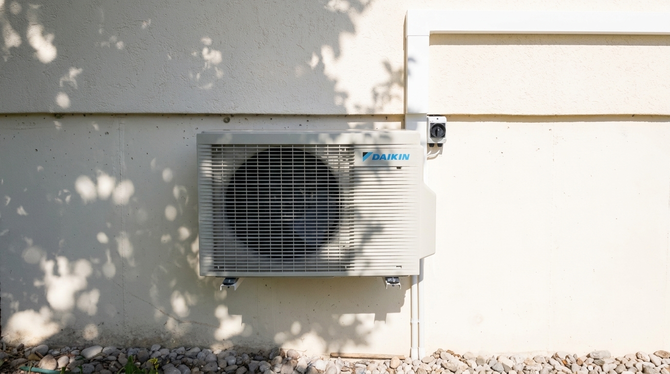 Daikin-Aussengerät mit weissem Kabelkanal an der Hausfassade in Wolfhausen