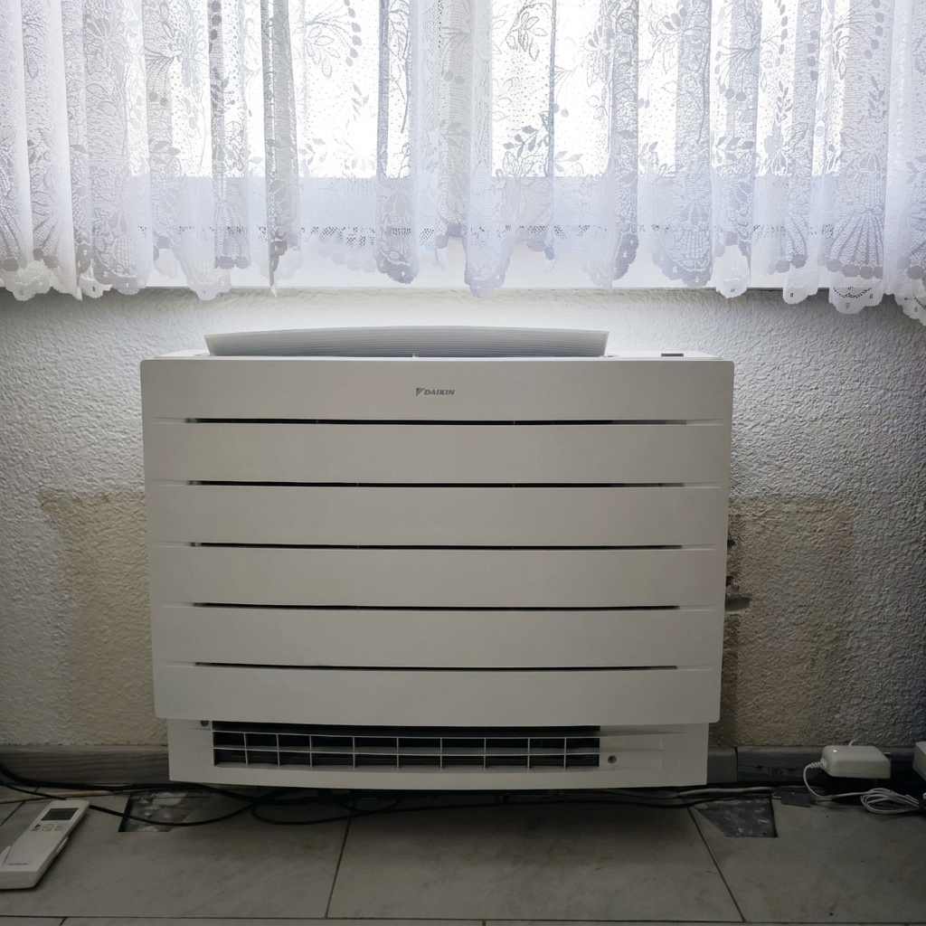 Weisses Daikin-Truhengerät vor einem Fenster im Innenraum