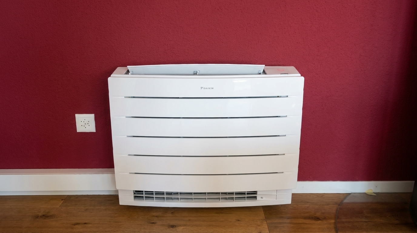 Daikin-Truhengerät vor einer dunkelroten Wand auf Holzboden