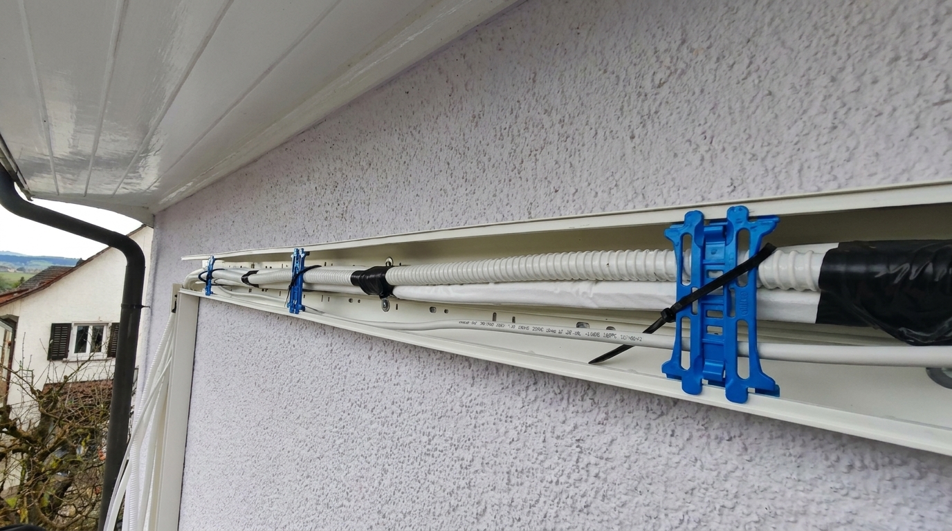 Offener Kabelkanal unter dem Dachvorsprung mit Kältemittelleitungen und blauen Klemmen