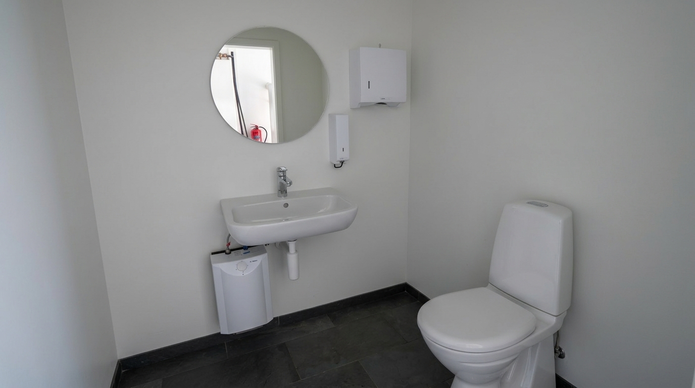 Fertiges Personal-WC mit Waschbecken, Rundspiegel und Untertischboiler