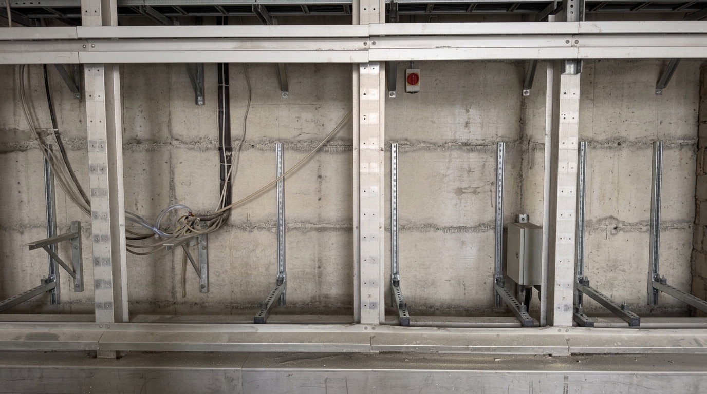 Betonwand mit Montageschienen und Konsolen für das Klimagerät