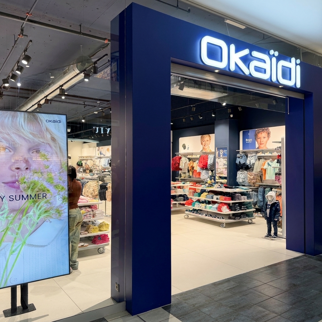 Beleuchteter Eingang des Okaidi-Stores im Emmen Center