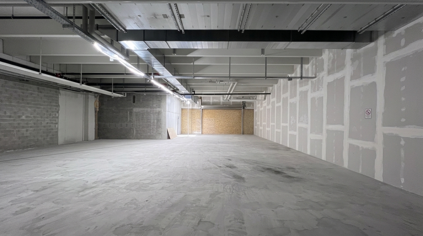 Leerer Ladenrohbau mit offenen Lüftungskanälen, Kabeltrassen und Betonboden