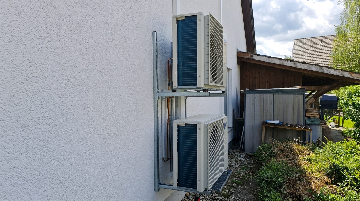 Zwei übereinander montierte Aussengeräte auf einer Stahlschiene an der Hauswand