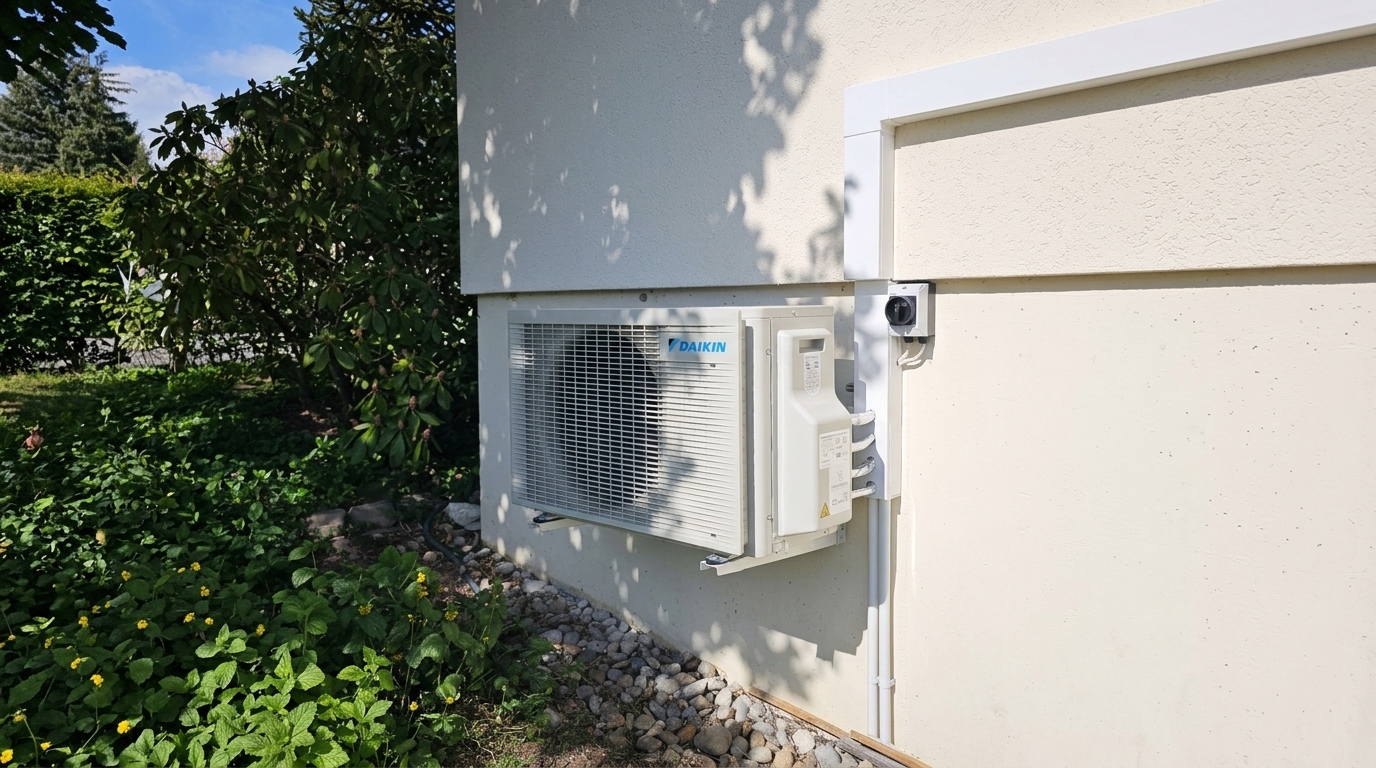 Daikin-Aussengerät an der Hausfassade neben dem bepflanzten Kiesstreifen