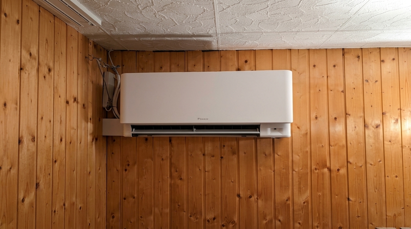 Weisses Innengerät an der Holzwand im Wohnraum