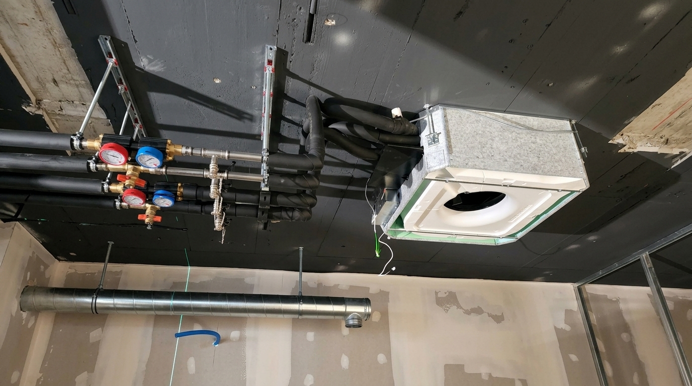 Deckenkassette mit Absperrarmaturen und Verteilleitungen an der Rohbaudecke