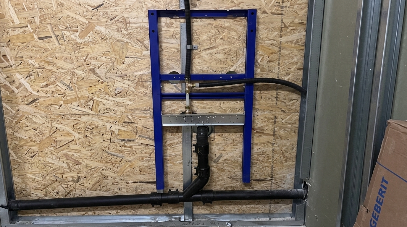 Blaues Vorwandelement fürs Personal-WC mit Wasser- und Abwasseranschluss auf einer OSB-Wand