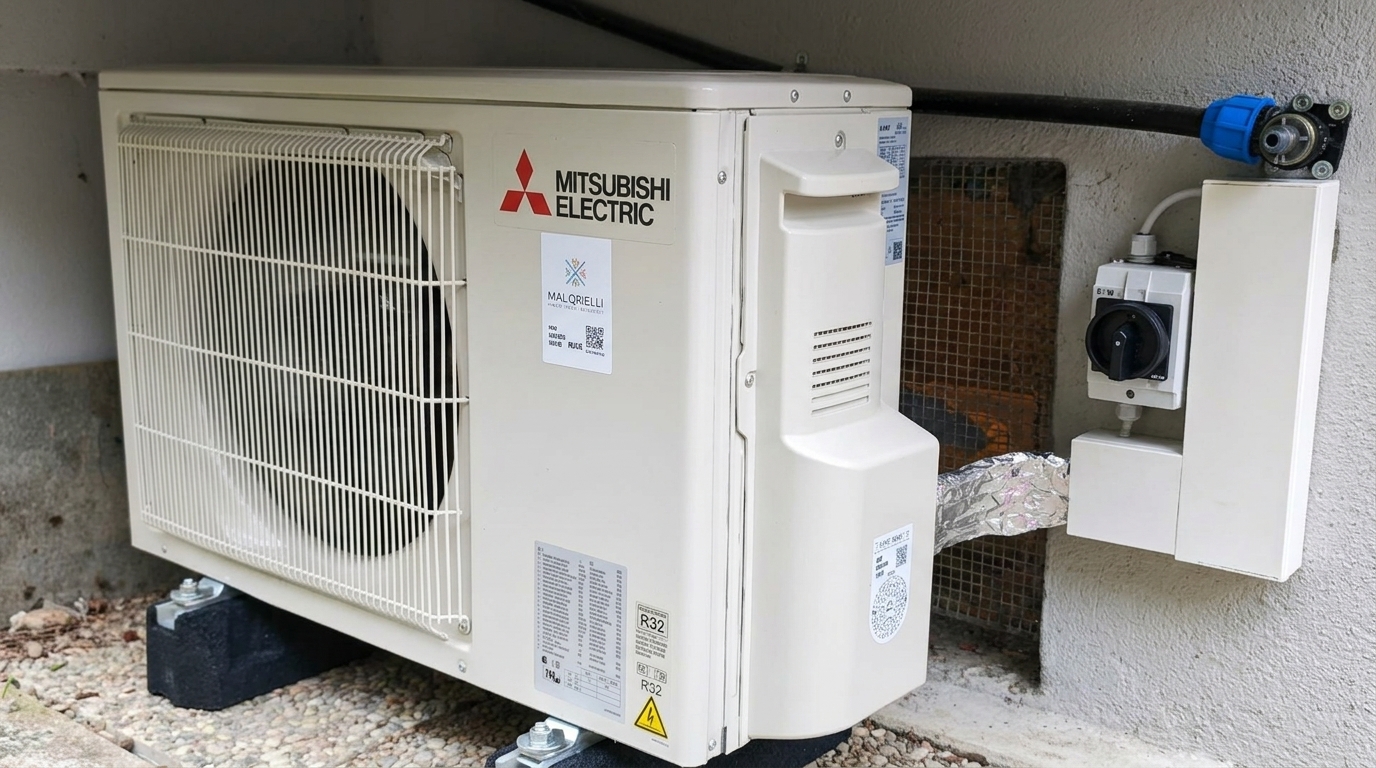Mitsubishi-Aussengerät auf Gummifüssen mit Anschlusskasten an der Wand