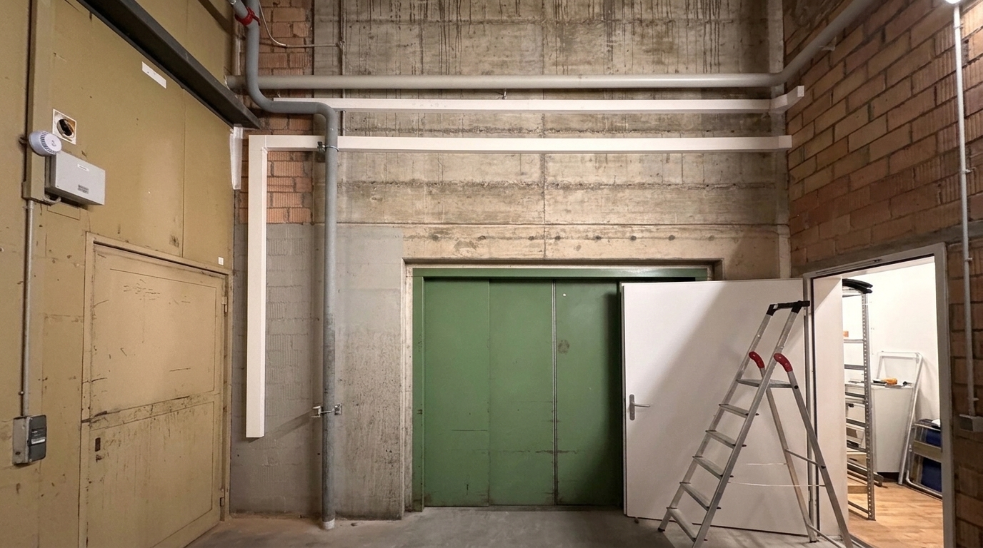 Kältemittelleitungen entlang Wand und Decke im Nebenraum Richtung grüner Tür