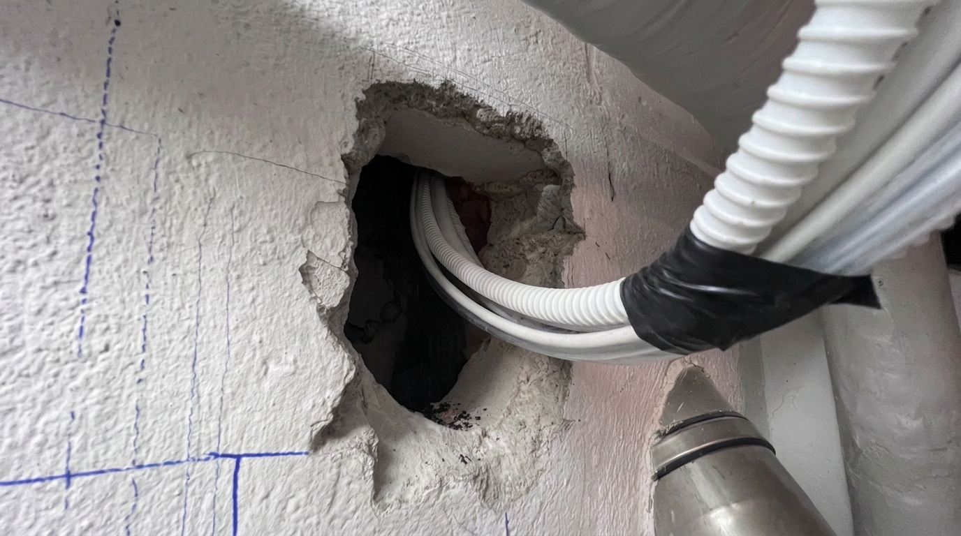Kernbohrung in der Wand mit durchgeführter Kältemittel- und Kondensatleitung
