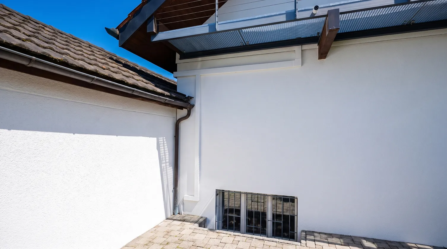 Hausecke mit Vordach und vergittertem Kellerfenster nach Abschluss der Arbeiten