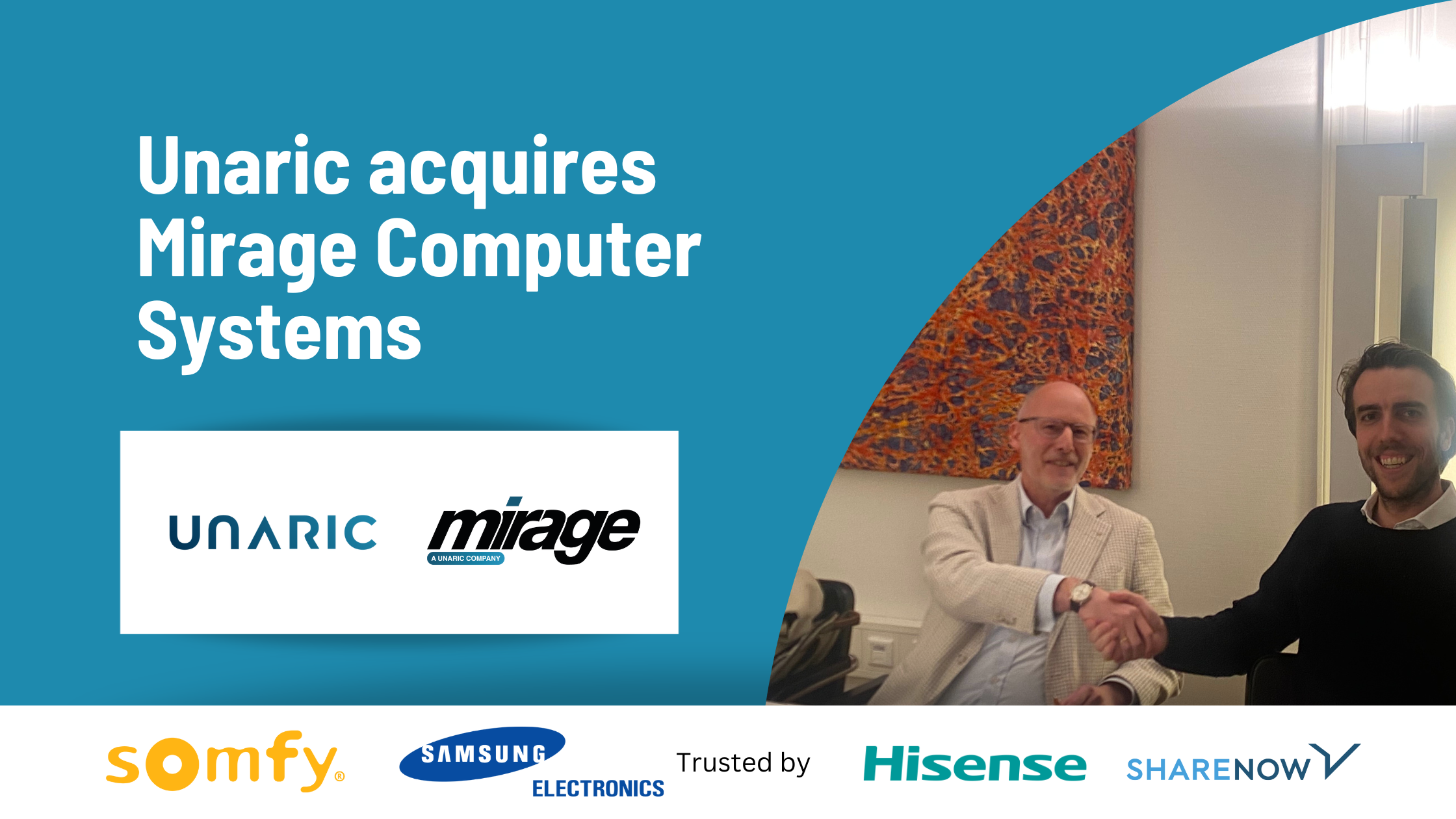 Graphic announcing acquisition of Mirage Computer Systems. Image includes photo of CEO of Mirage and CFO of Unaric shaking hands