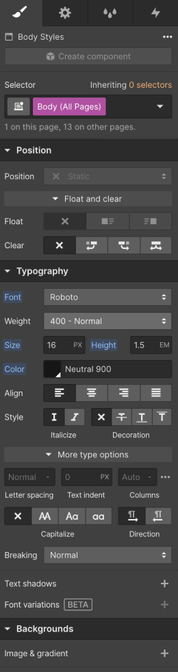 Body (All page) selector with typography settings