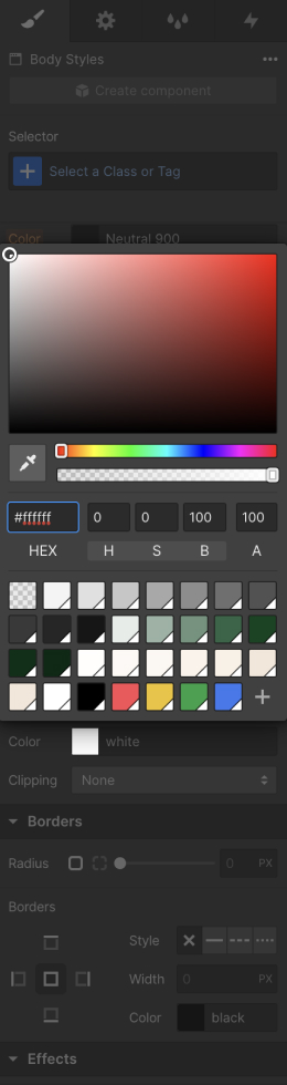 Color swatches list of current template