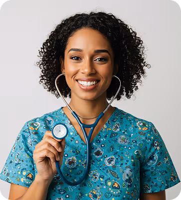 Smiling female healthcare professional with curly hair holding a stethoscope to the camera.