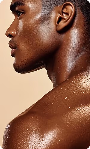 Close-up side profile of a young man with glistening skin and water droplets on his shoulder and neck.