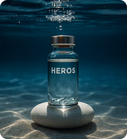 Glass bottle labeled 'HEROS' with a metal cap resting on a smooth white stone underwater with bubbles rising above.