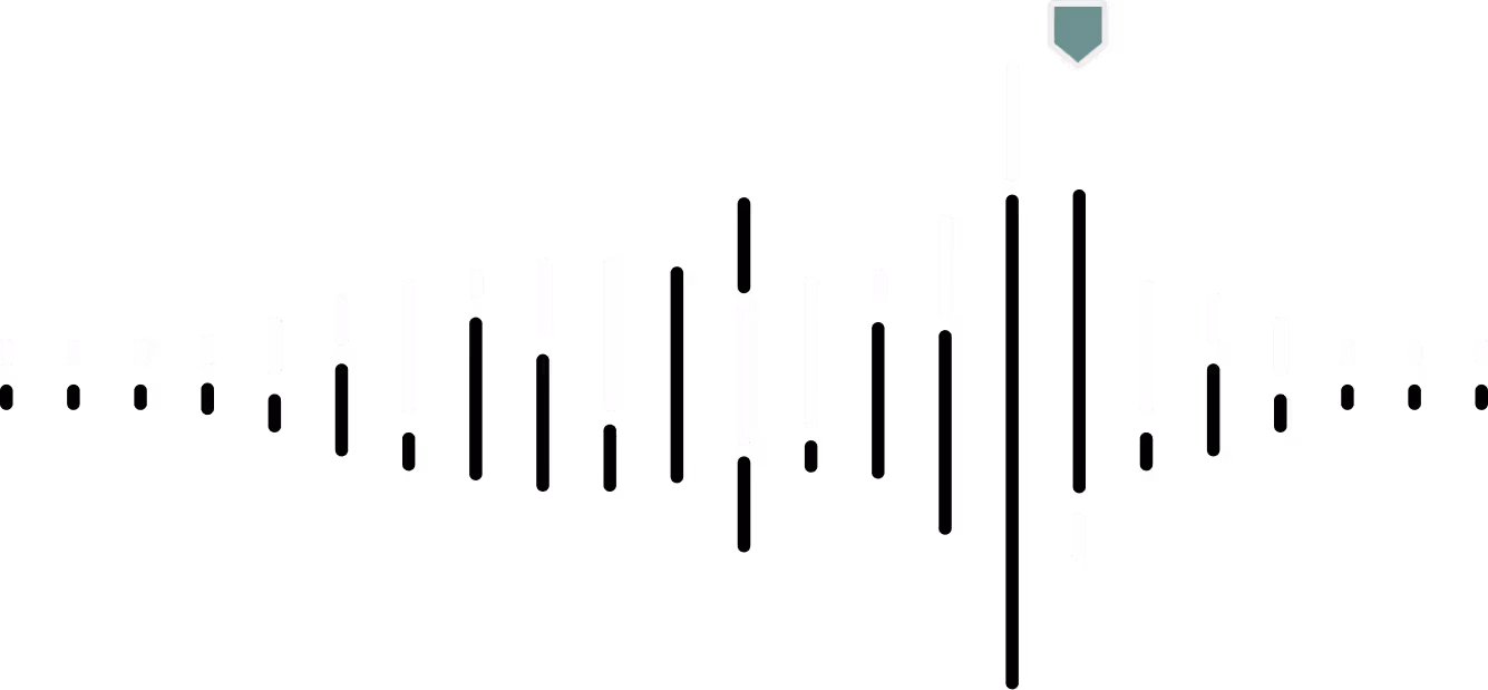 Minimalist white soundwave audio waveform on black background with a green marker at the peak.