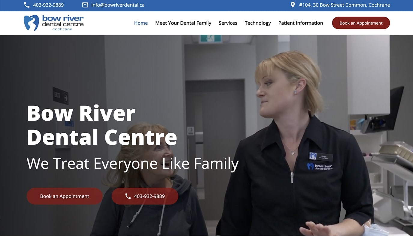 Two women talking in a dental clinic with Bow River Dental Centre branding and appointment contact info visible.