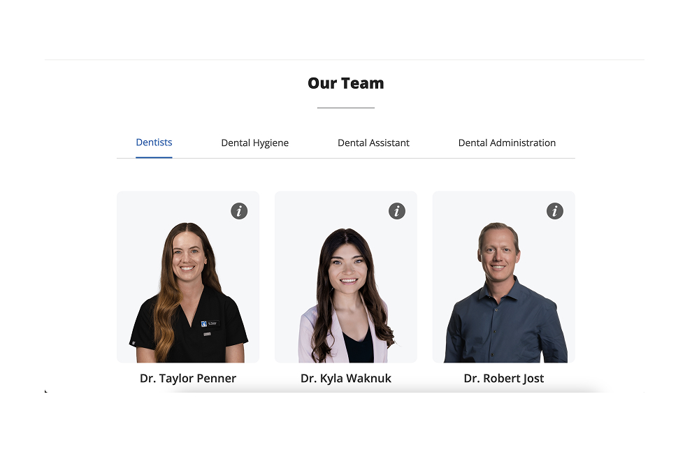 Portraits of three dentists from a dental team: Dr. Taylor Penner with long brown hair in a black scrub, Dr. Kyla Waknuk with long dark hair in a light pink jacket, and Dr. Robert Jost in a dark blue shirt.