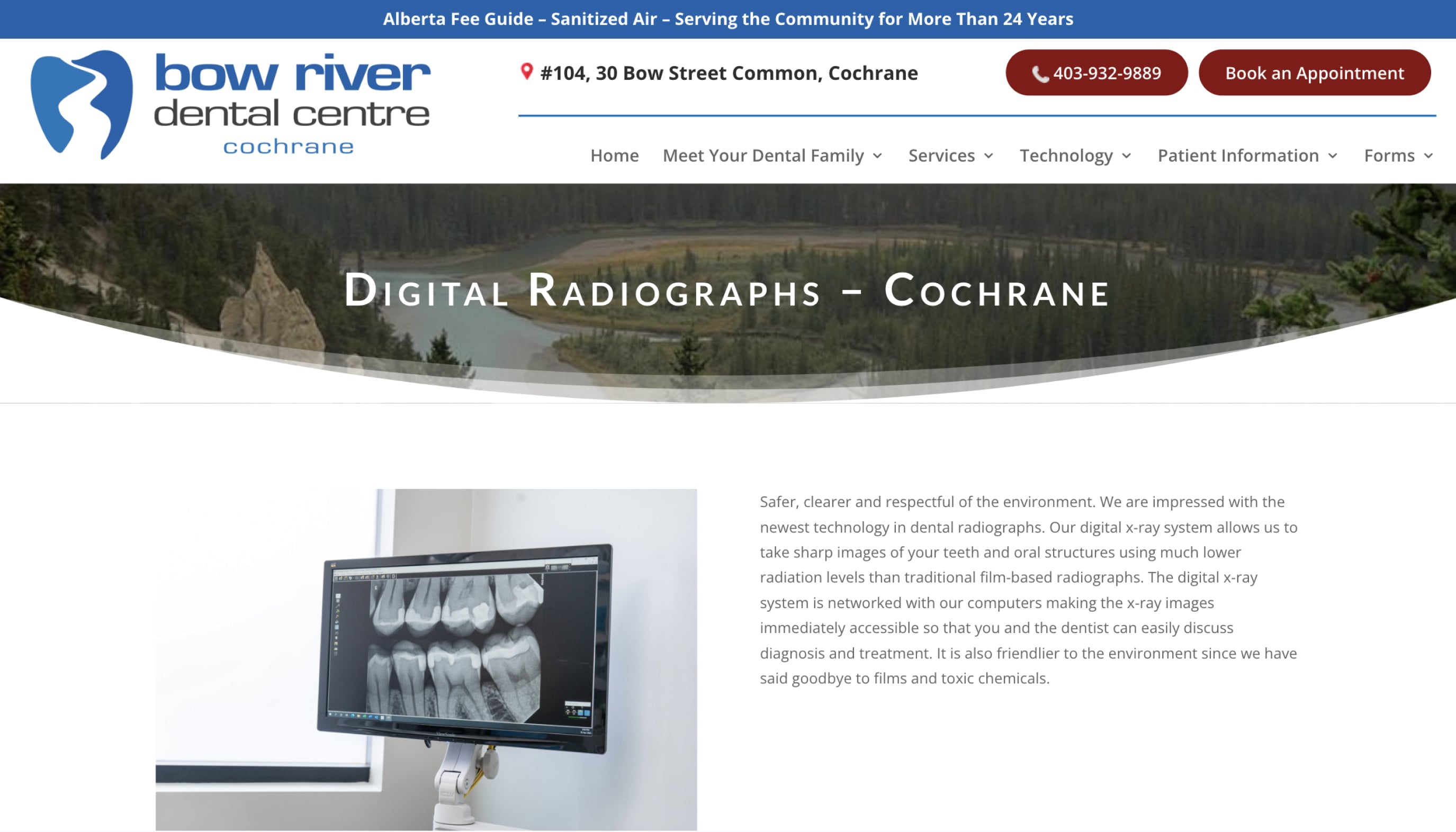 Dental office website header with logo, contact info, menu, and a monitor showing digital dental X-ray images of teeth.