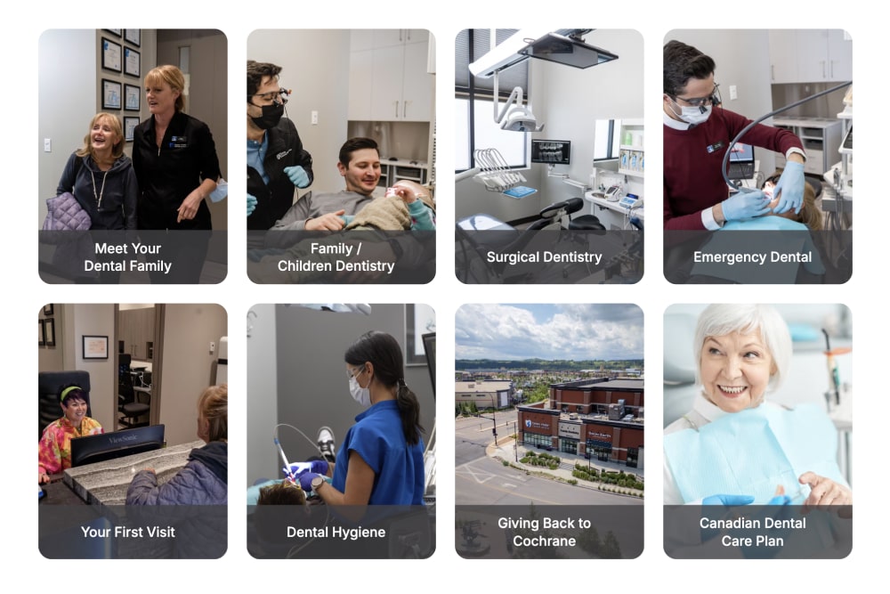 Collage of eight images showing dental services: friendly staff welcoming a patient, dentist with child, dental surgery room, emergency dental care, front desk receptionist, dental hygienist cleaning teeth, exterior of dental clinic, and elderly woman at dental appointment.