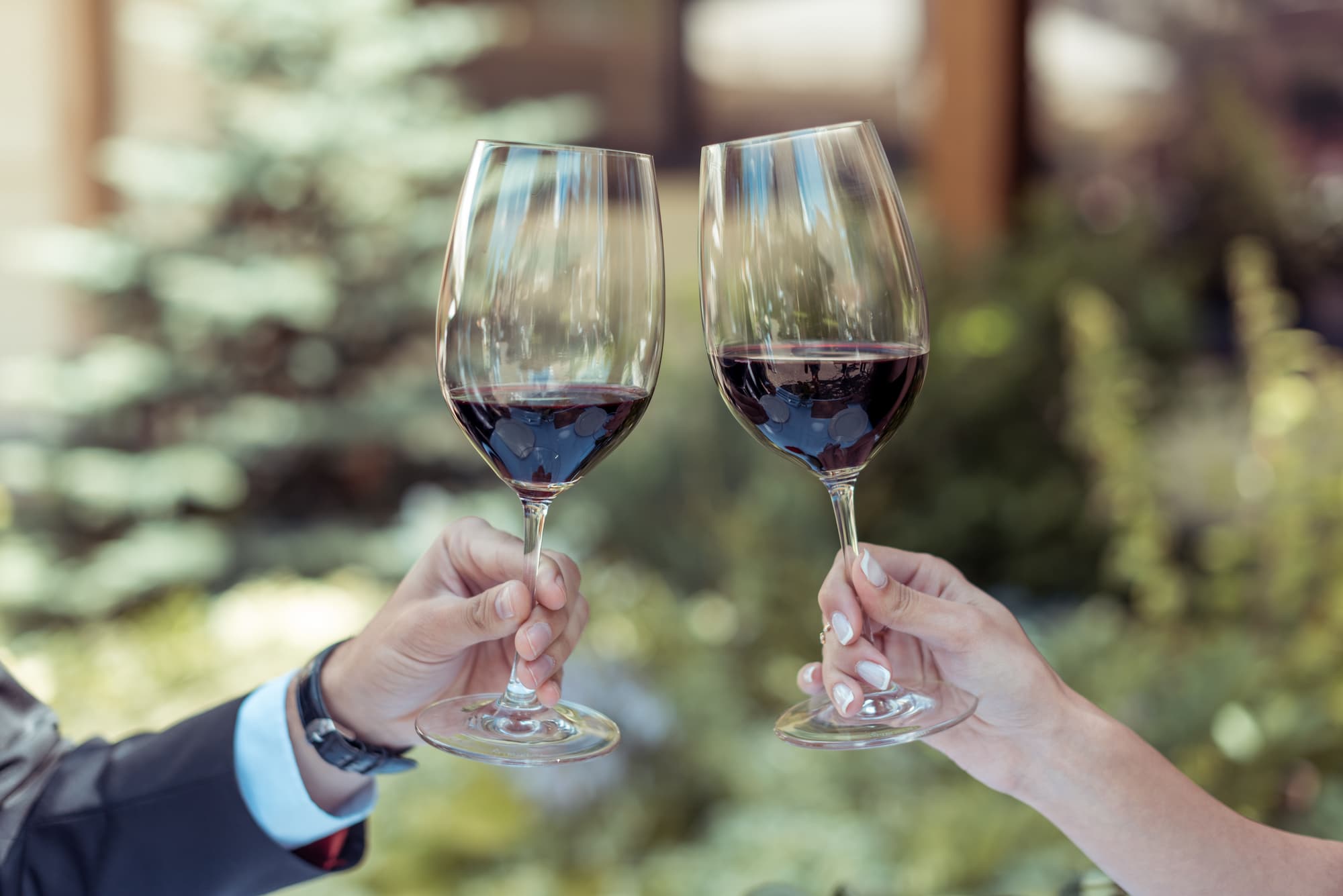 closeup view of couple clinking glasses