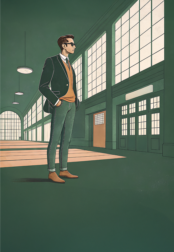 Stylized illustration of a confident man standing in a spacious, sunlit train station with tall arched windows and green walls. He wears a tailored dark green blazer, an orange sweater over a white shirt, slim green trousers, and brown Chelsea boots. His hands are in his pockets, and he’s looking to the side, wearing dark sunglasses. The scene has a retro-modern aesthetic, with clean lines and a muted color palette, evoking a blend of timeless sophistication and quiet futurism.