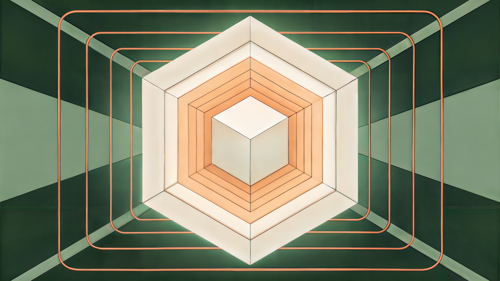 A geometric, abstract design featuring a central hexagonal structure with layered segments in shades of white, beige, and orange, creating a 3D cube illusion. Surrounding the hexagon are concentric, rounded rectangular copper lines, giving a tunnel-like perspective. The background is composed of dark and light green triangular panels radiating outward, enhancing the sense of depth and symmetry.