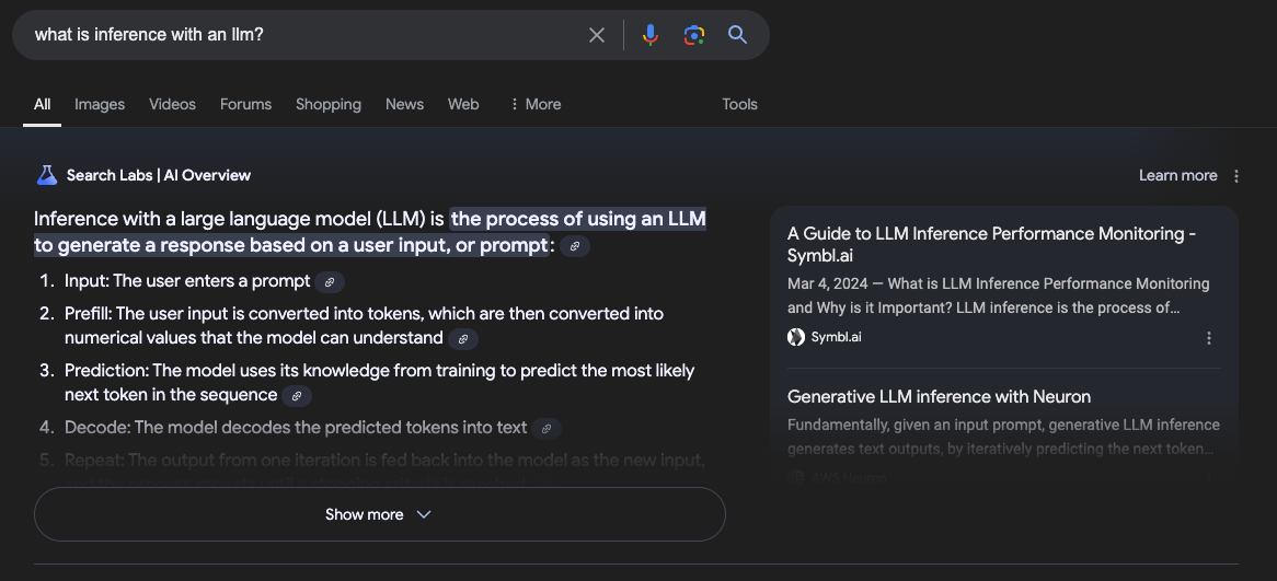 Sample Google search result demonstrating how Google AI generates a tailored response, but also provides links to the sources it used in its response