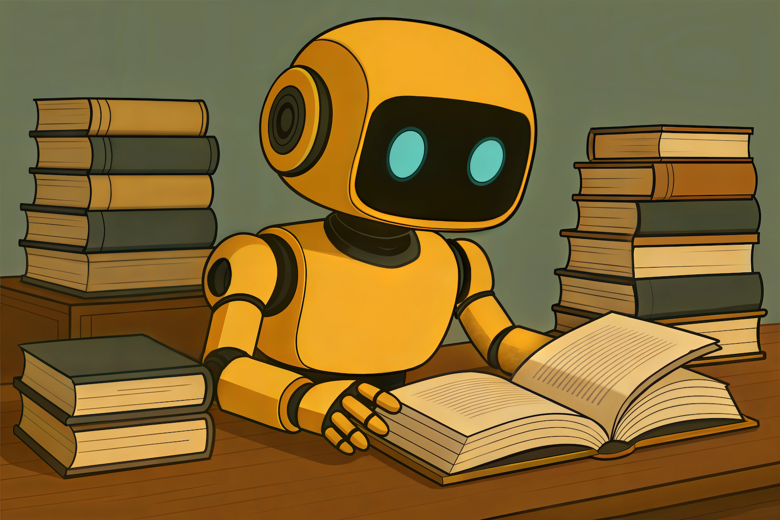 An illustrated yellow robot with glowing blue eyes sits at a wooden desk, surrounded by tall stacks of books. The robot is intently reading an open book in front of it, suggesting curiosity and learning. The background is a muted green, creating a calm, studious atmosphere.
