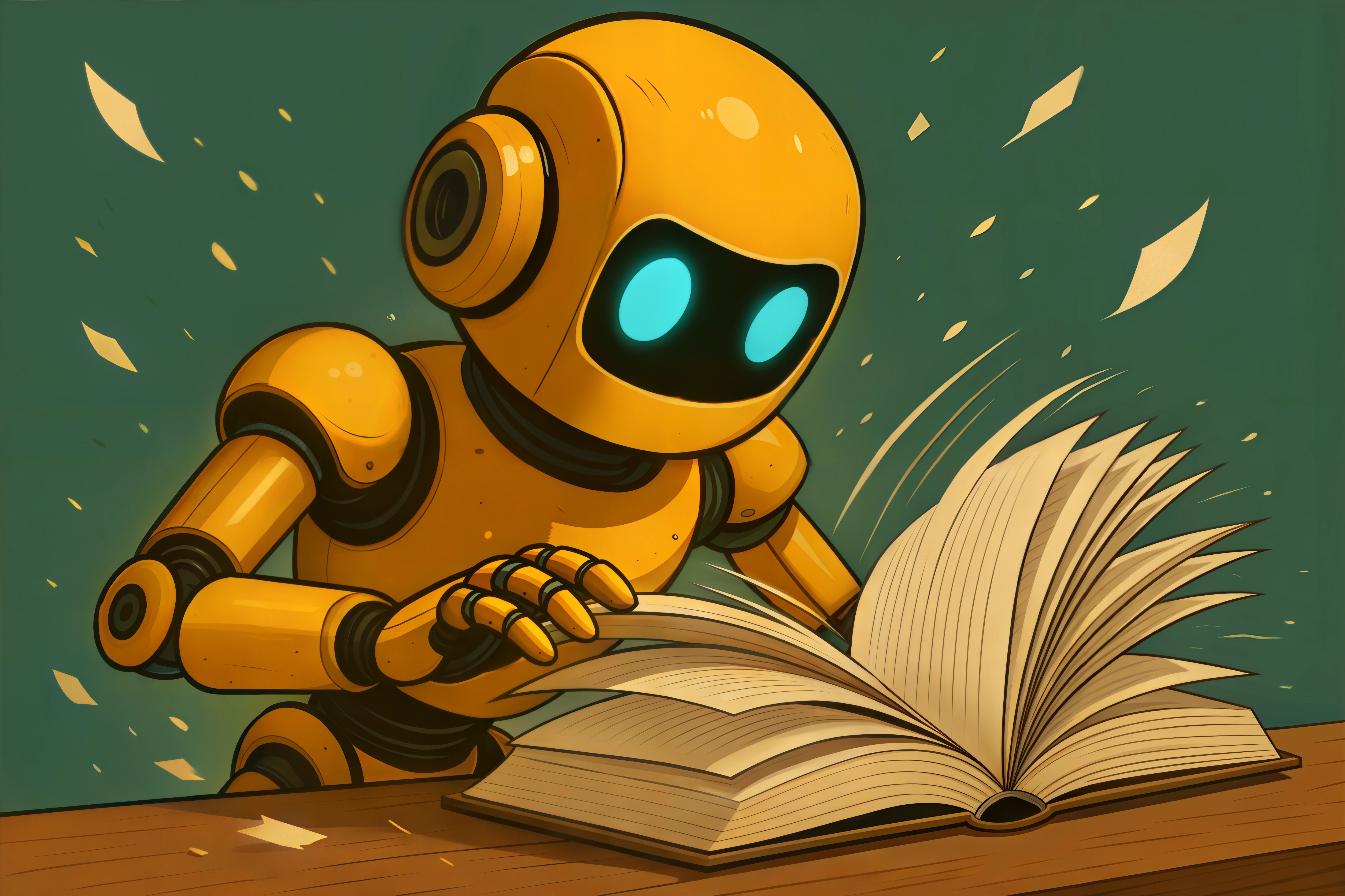 A curious yellow robot with glowing blue eyes eagerly flips through the pages of a large open book on a wooden table. Sheets of paper fly dramatically around it, suggesting intense focus or a burst of inspiration. The background is a dark teal, adding contrast and energy to the scene.
